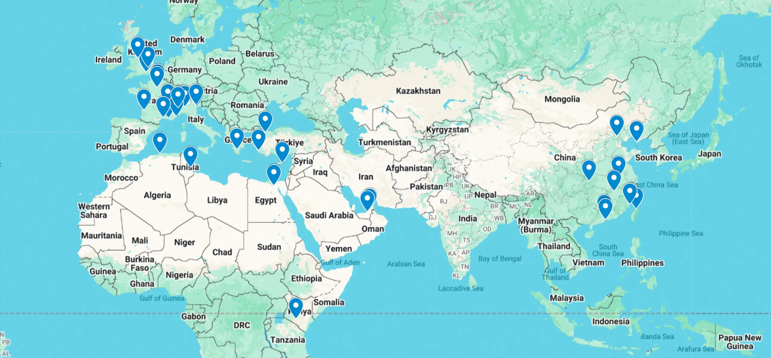 Jérôme Guernier - Global career map of airport and logistics design projects Jérôme Guernier career map, highlighting airport and logistics consultancy across Europe, Middle East, Africa, and Asia.